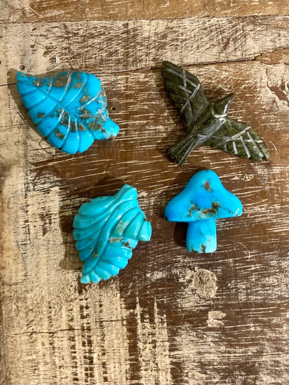 4 Small Stone Carvings Leaves Mushroom & Bird Green and Turquoise Colored - Picture 9 of 11